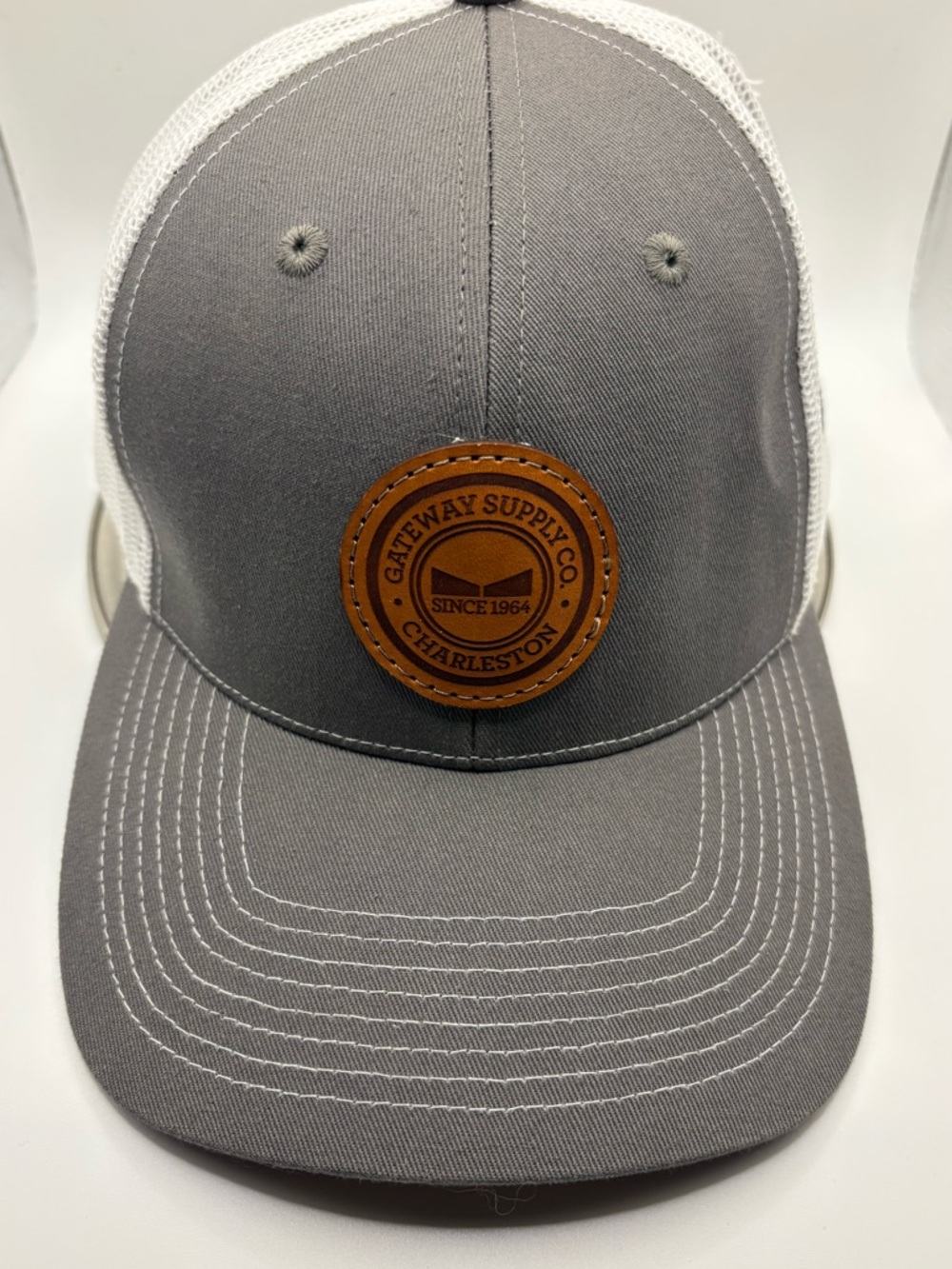 Gateway Supply Co Leather Patch Trucker Hat Charleston Snapback Gray Mesh